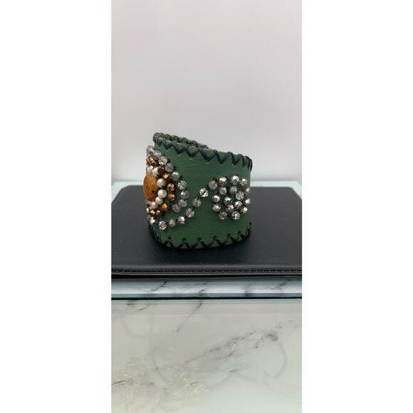 Faux Leather Hand Beaded Cuff Thick Bracelet Snap Closure - Picture 3 of 5